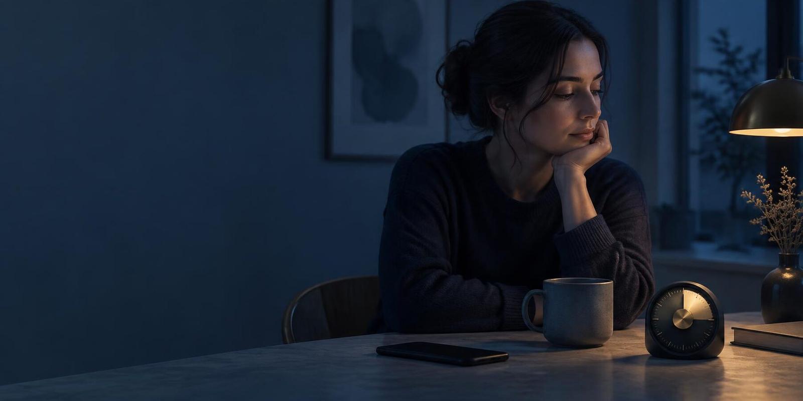 A woman at a dim table beside a face-down phone and a gold timer dial turned partway down