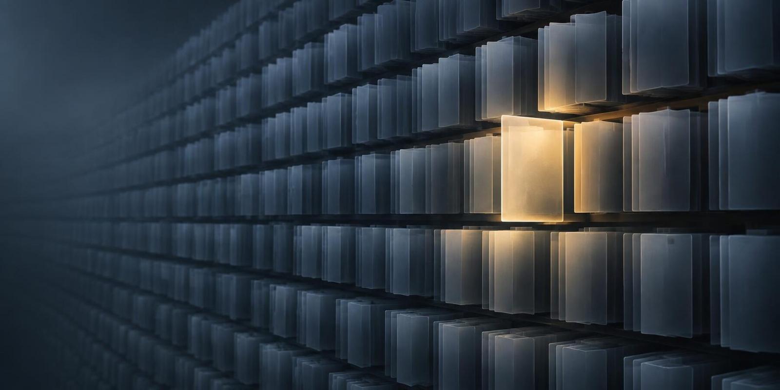 Vast dark navy wall of stacked translucent blue-grey storage panels receding into shadow, with one panel drawn forward and lit in warm gold