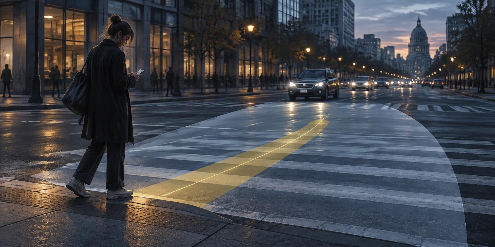 A pedestrian looking at a phone while paused at the edge of a city crosswalk, with traffic approaching