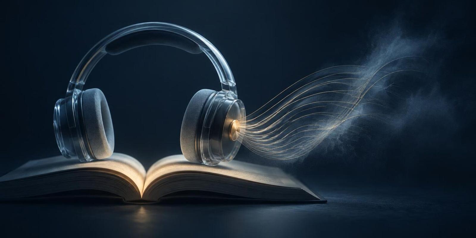 Translucent blue-grey headphones resting on an open book in deep navy light, with fine gold lines of sound drifting from one earcup into mist