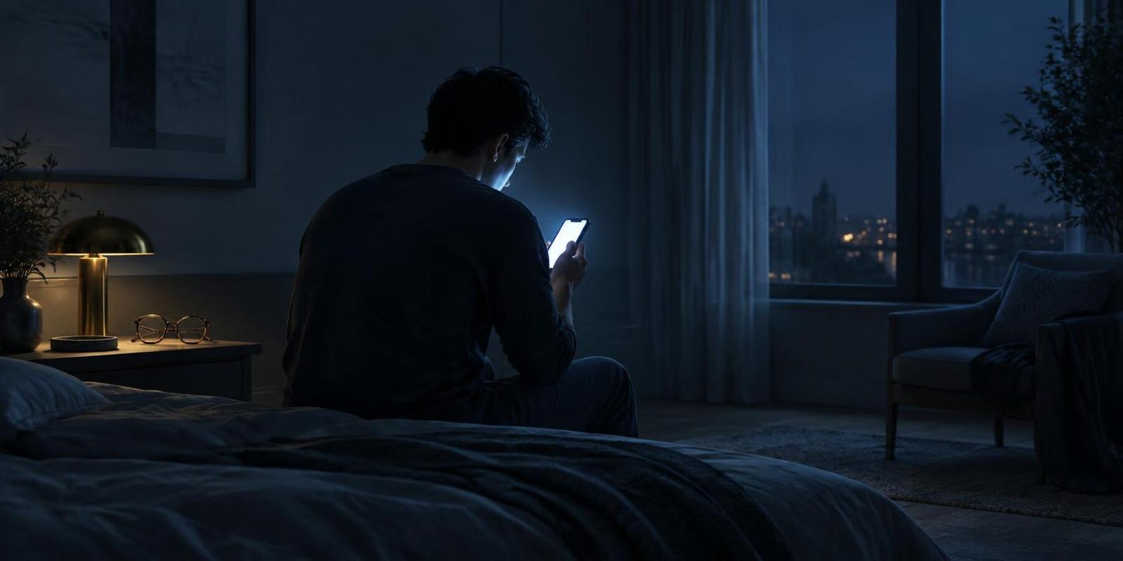 A person on the edge of a bed at night, lit by a phone screen, with tinted glasses set aside on the nightstand