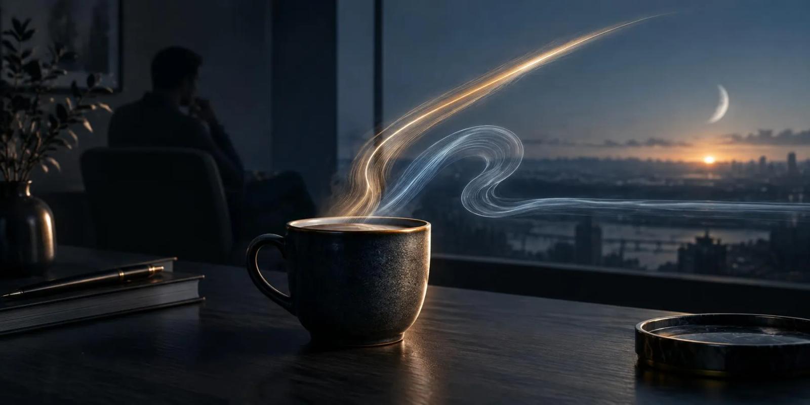 A dark coffee cup at dawn whose steam splits into a fast gold streak and a blue curve that loops back to level