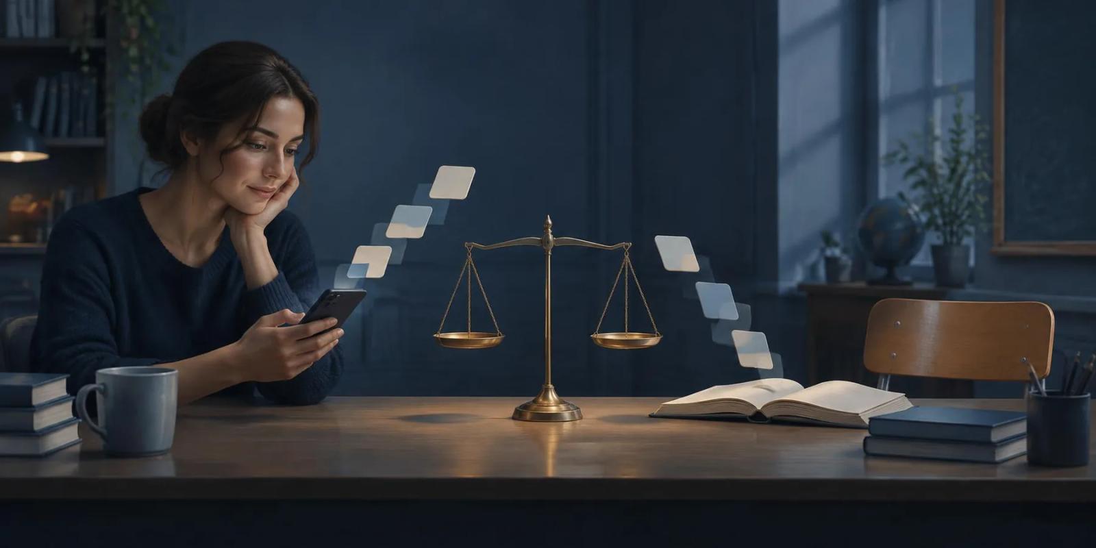A learner using a phone at a desk beside an open notebook, with a level brass balance between them