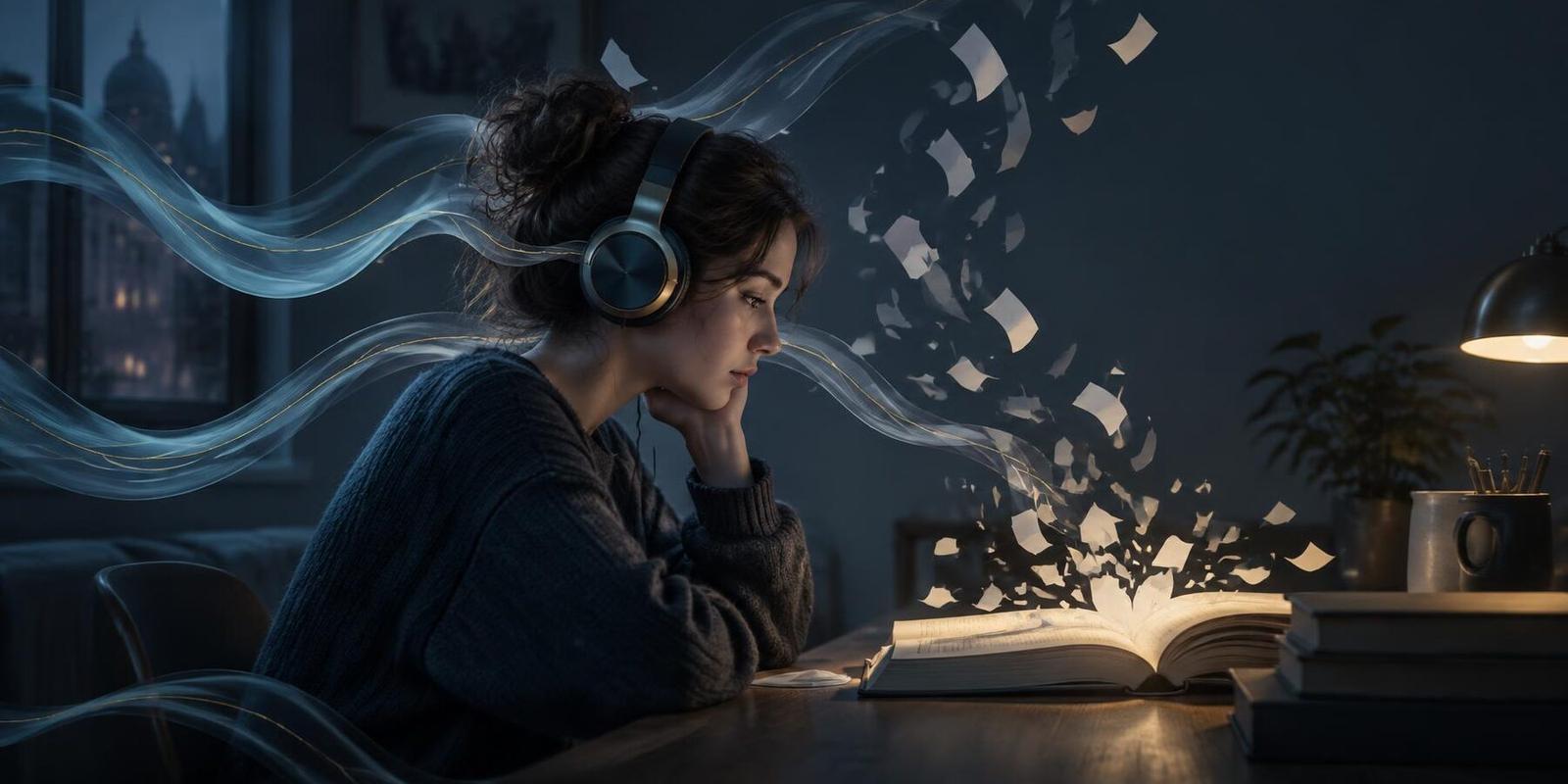 A reader in headphones at a dim desk, smooth sound ribbons flowing past while paper fragments scatter from the open book