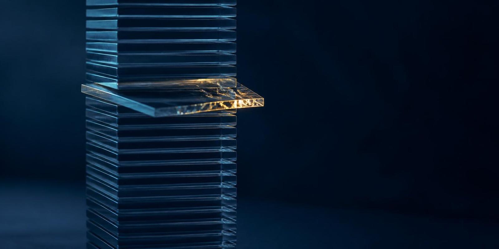 Stack of identical glass plates with one fractured plate slipping out of alignment under gold light