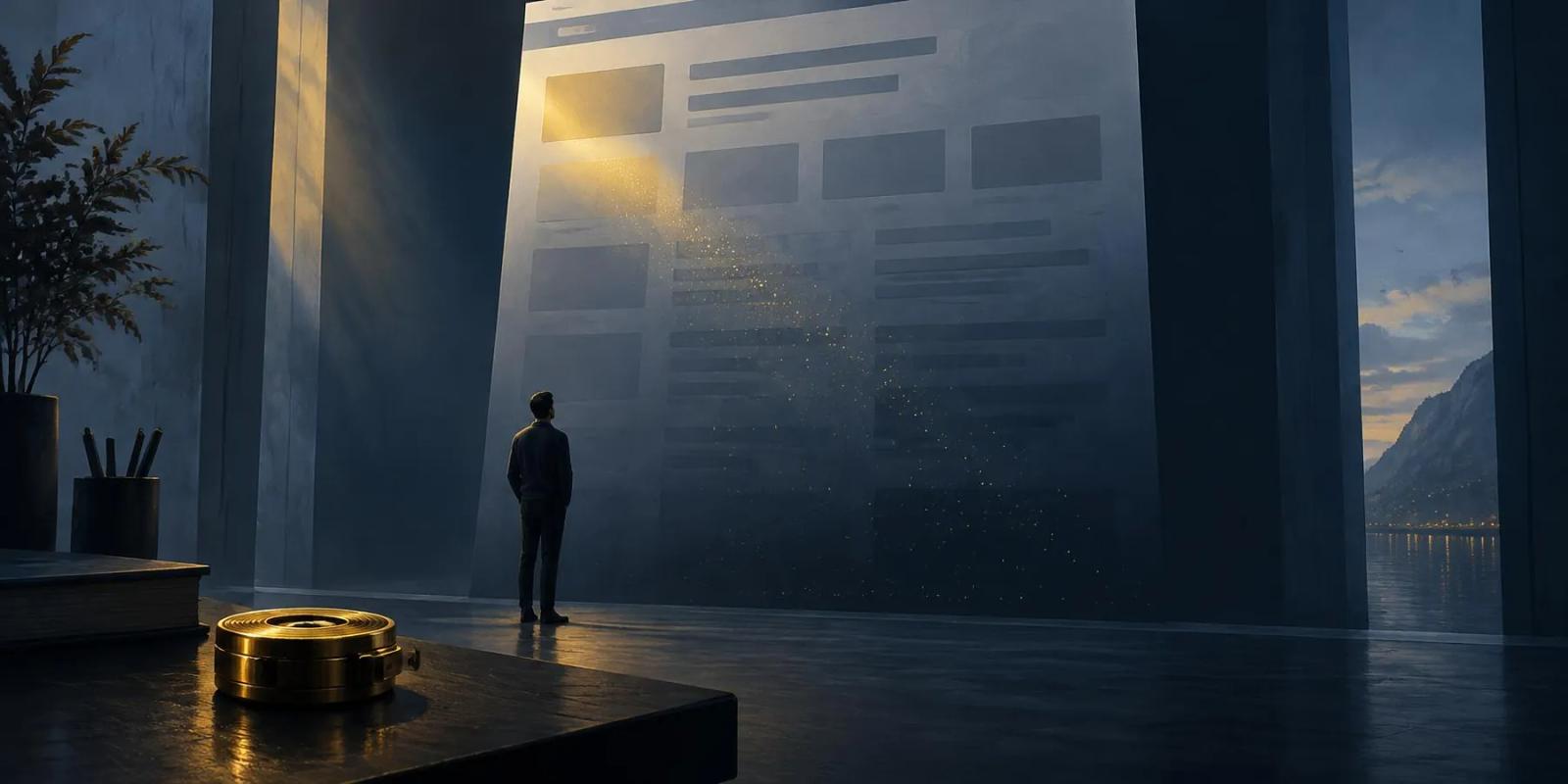 A lone reader before a towering page as a gold beam of attention fades down its blocks, an unused measuring tape nearby
