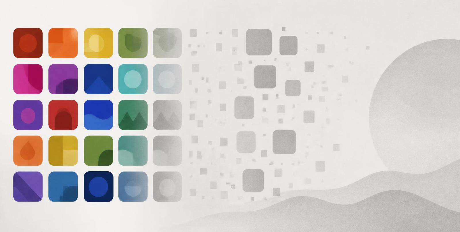 Abstract illustration of a grid of colourful app squares draining into flat grey tones.