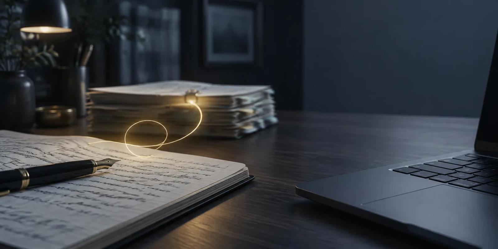 A fountain pen on a handwritten notebook, a gold thread looping back to a stack of reviewed notes, a laptop at the edge of the desk