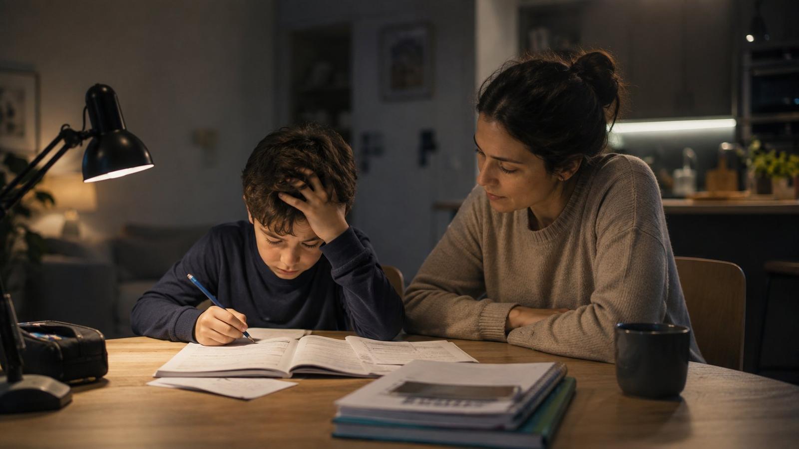 A parent sitting calmly beside a child to help with homework at a kitchen table at night, rather than looming over the worksheet.