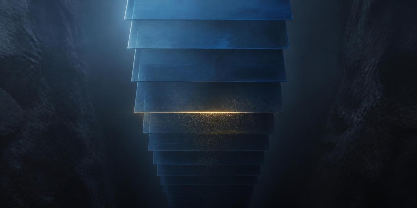 Descending stack of translucent blue panels with a single gold line dissolving partway down, the removed stopping point