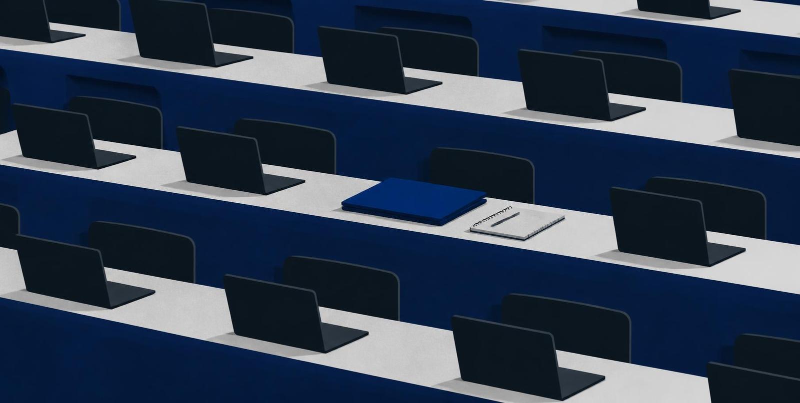 Abstract illustration of rows of open laptops in a lecture hall with one closed laptop and a paper notebook standing out in blue.