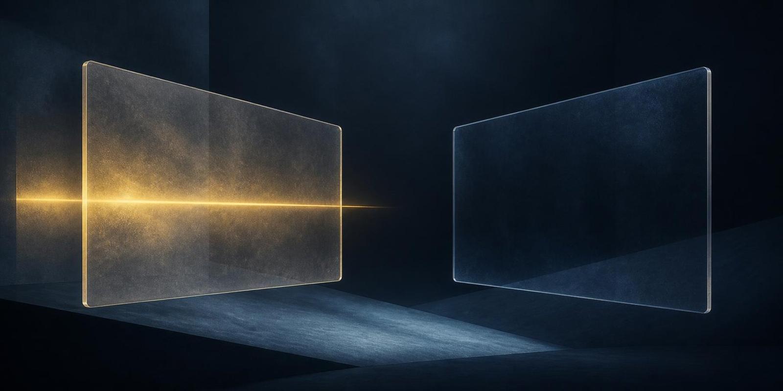 Two facing translucent blue glass panels in dark space, one lit by a thin gold line and one unlit, a signal sent and a silence returned