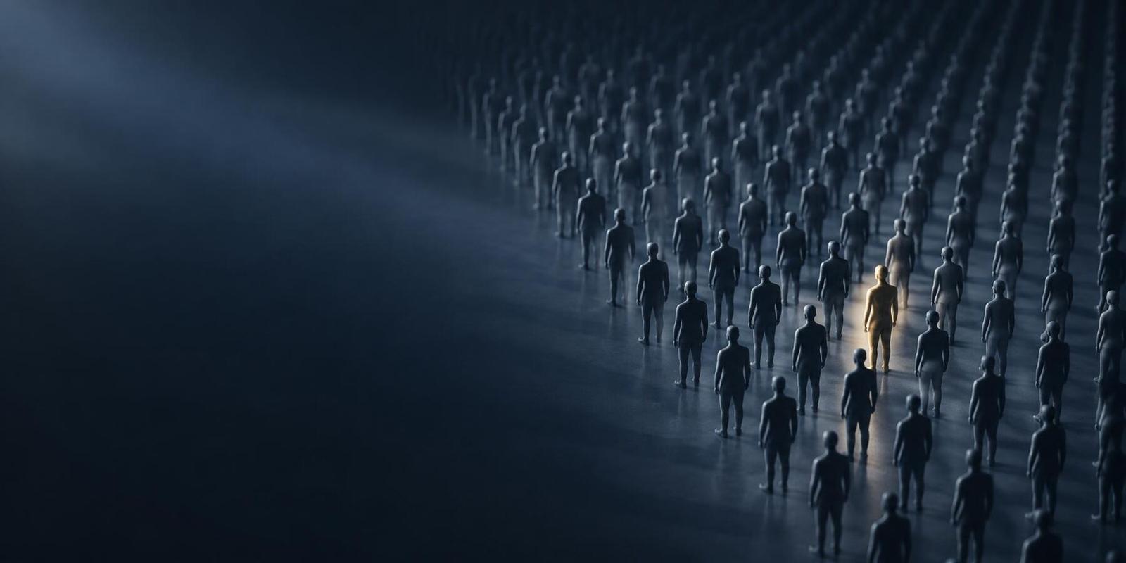 Grid of identical dark blue-grey human figures receding into shadow with one figure lit in gold, on a deep navy field