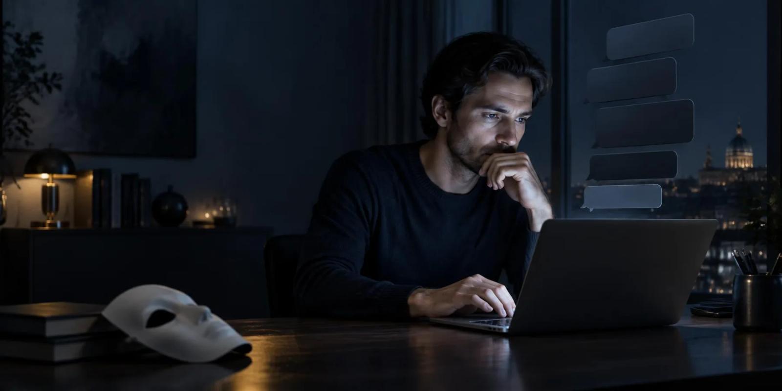 Man typing at a laptop at night beside dark comment cards, a white mask lying unused on the desk