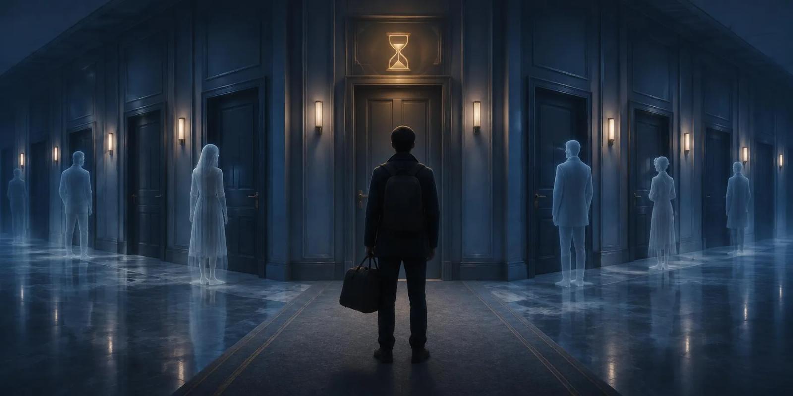 A traveller faces a hotel corridor under a gold hourglass while faint figures wait at other doors