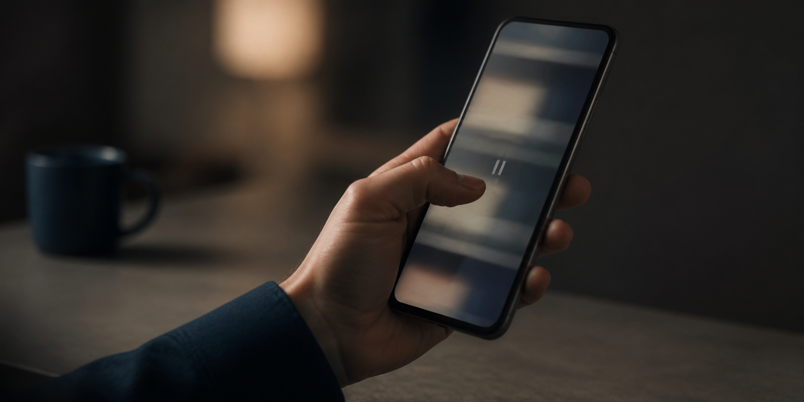 A close view of a hand holding a phone, thumb mid-swipe, the screen showing only abstract bands of light rather than any recognisable interface.