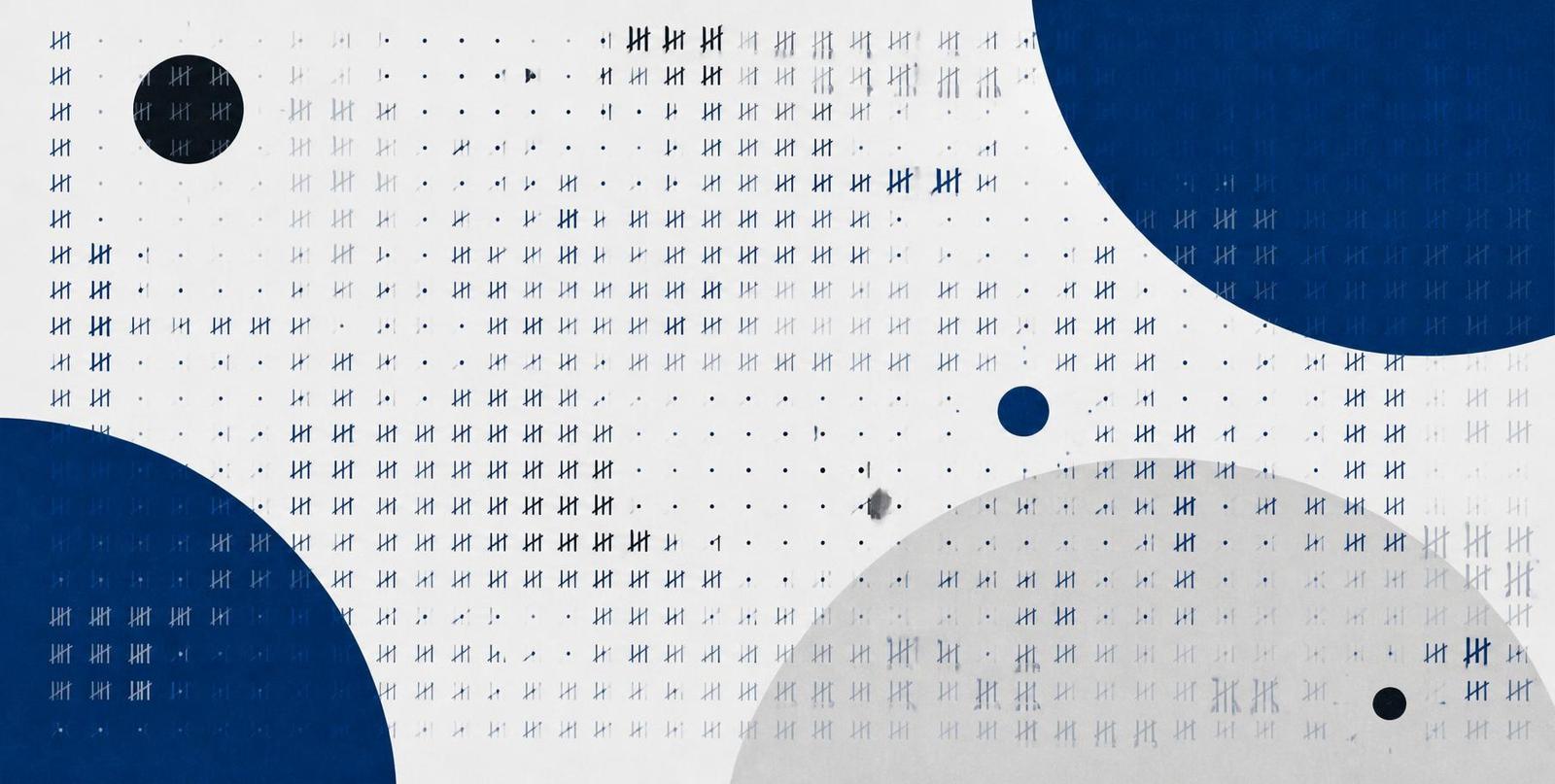 Abstract illustration of dense uneven tally marks spread across a grid, in deep blue and grey.