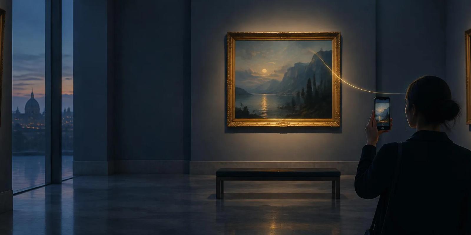 A visitor in a dusk-lit gallery raises a phone toward a framed landscape painting, a thin gold thread linking her gaze to the canvas.