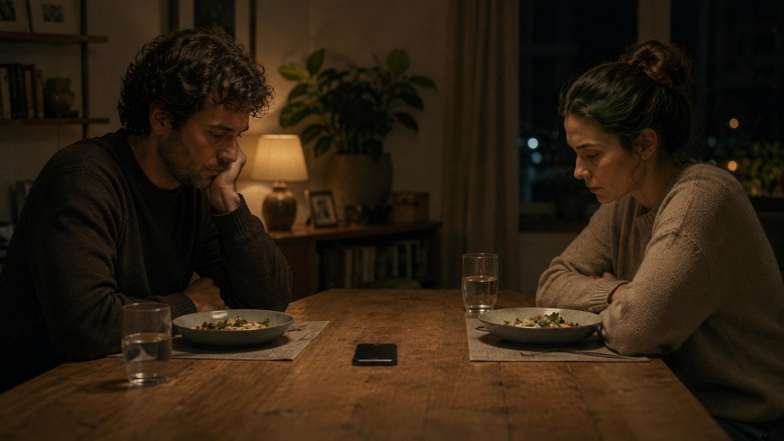 A couple at a home dinner table with one phone face-down between them, avoiding phubbing during dinner.