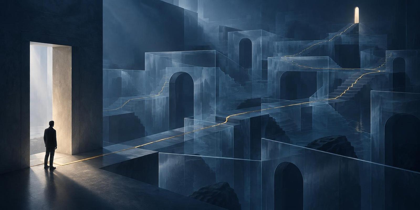 A lone figure at a bright open doorway facing a maze of glass corridors, a thin gold path winding to a distant exit