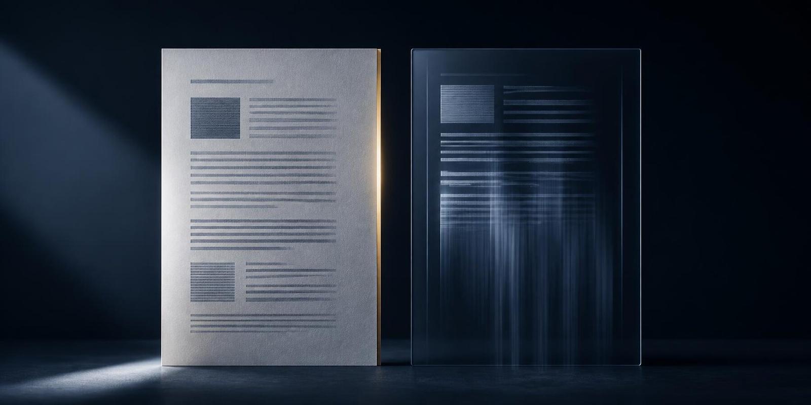A printed page beside a glowing screen panel whose lines of text blur downward, suggesting scrolling.
