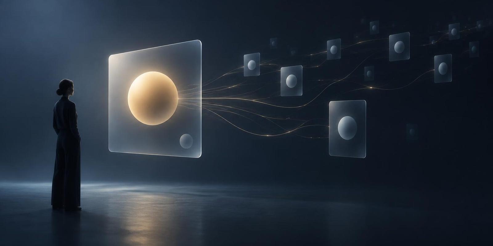 A figure faces a glass panel with a large gold option and a small grey one, threads leading to distant panels