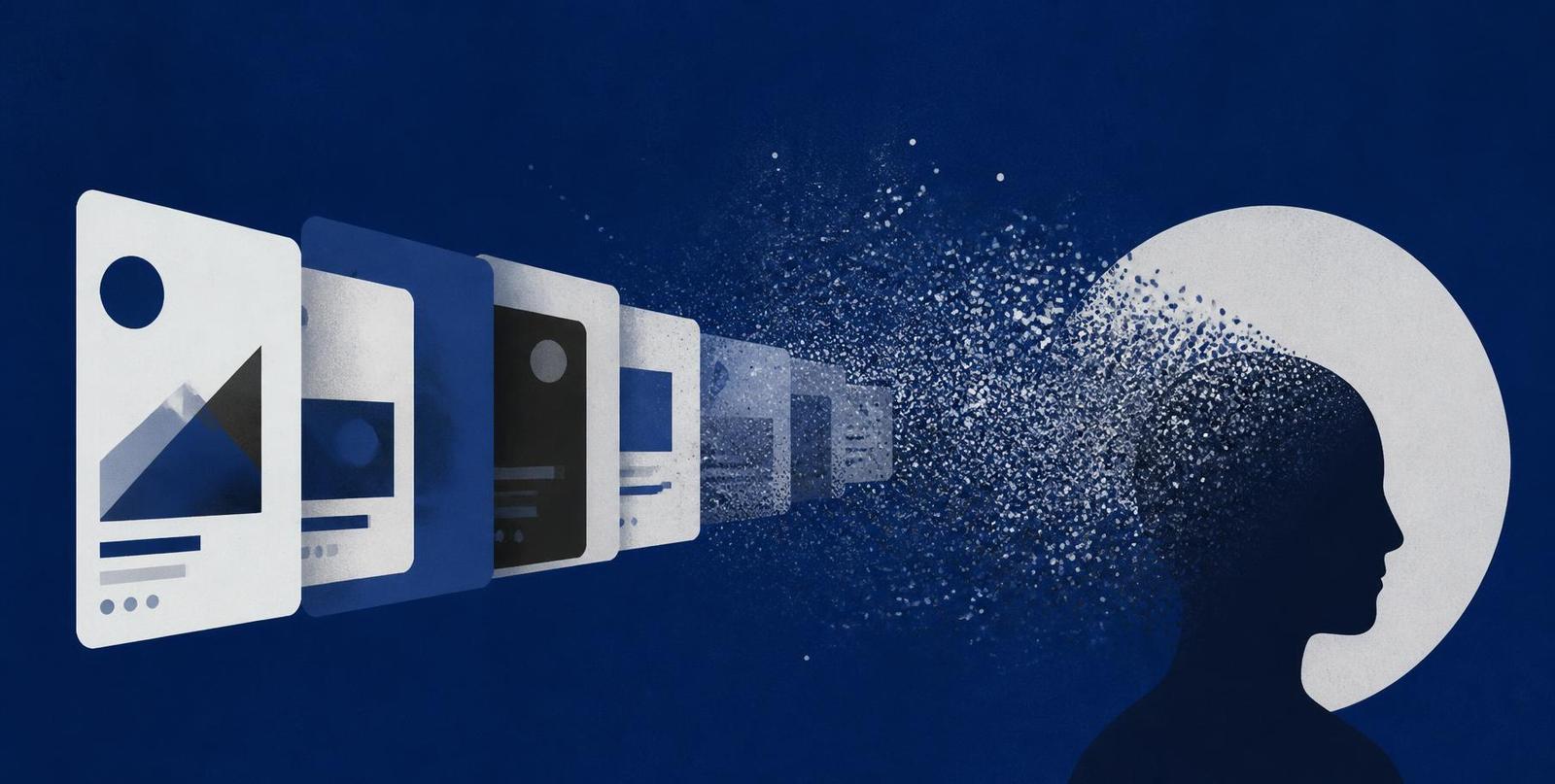 Abstract illustration of a stream of scrolling cards dissolving into particles beside a human profile, in deep blue and grey.