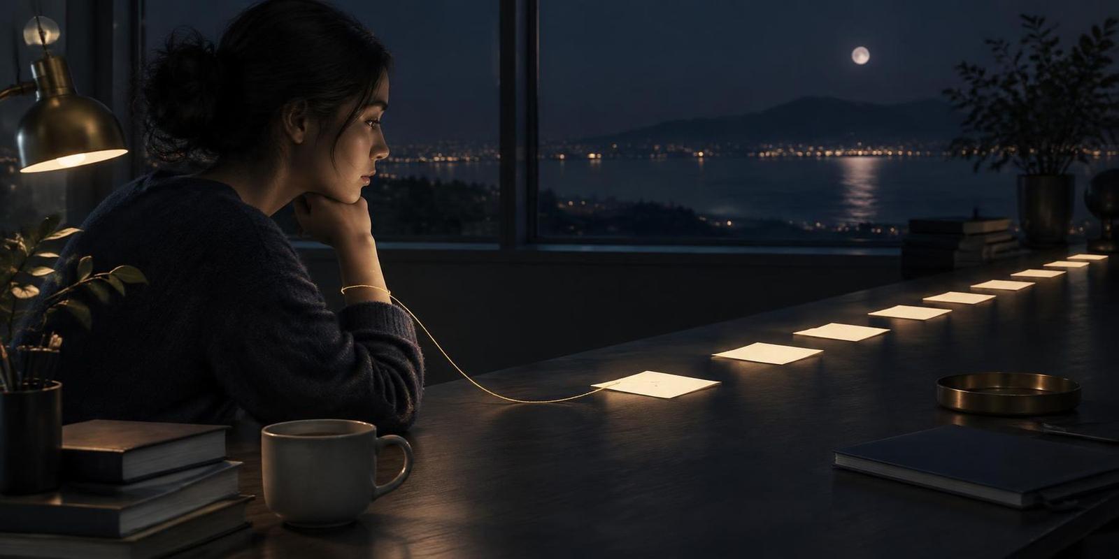 A student at a night-time desk looking along a row of glowing blank cards spaced apart, a gold thread spanning the gap to the first