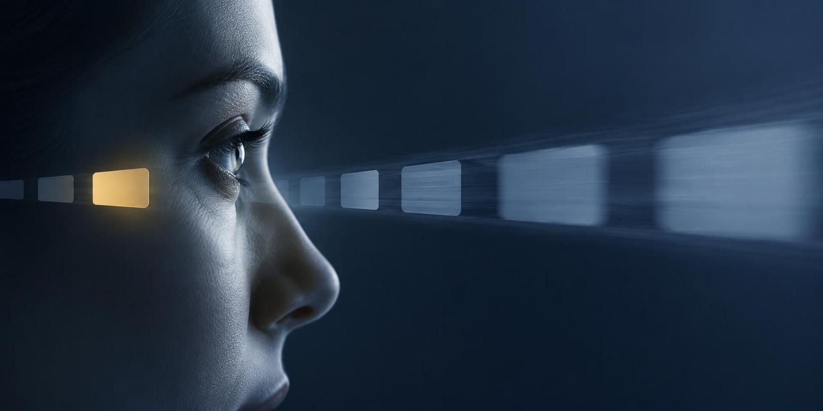 Profile of a reader's eye as blank word shapes blur forward while one passed word glows gold behind
