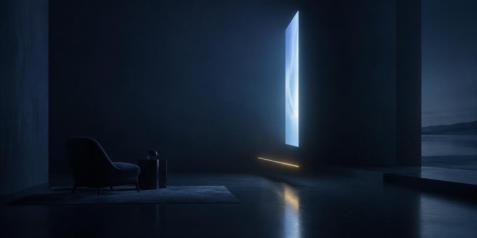 A softly glowing screen in a dark blue room with a thin band of gold light floating below it