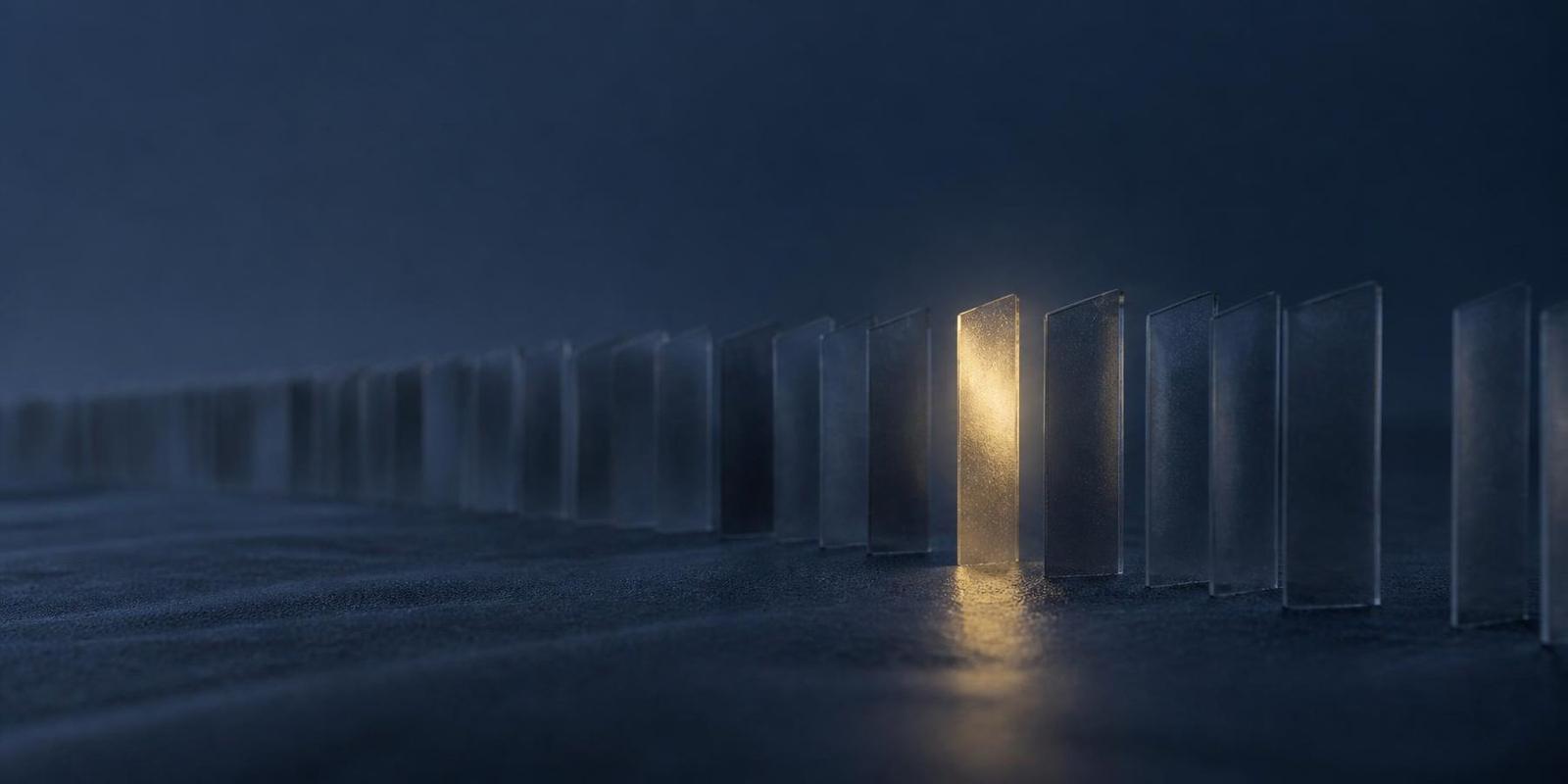 A long row of dim translucent panels in deep blue, one lit gold - open tabs parked as reminders, only one still active.