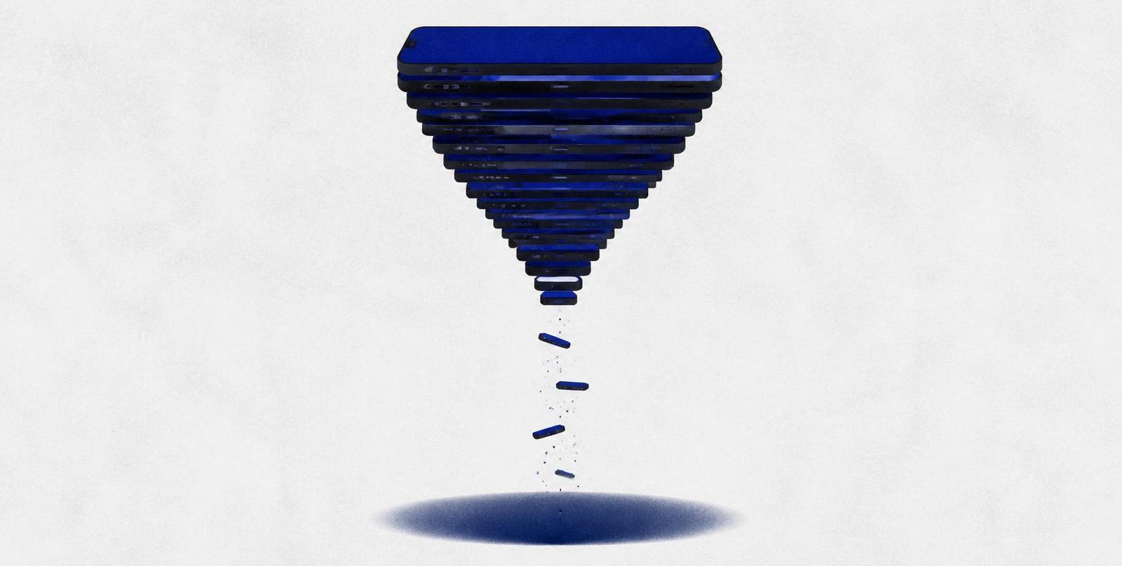 Abstract illustration of an hourglass built from stacked phone shapes emptying into open space, in deep blue on grey.