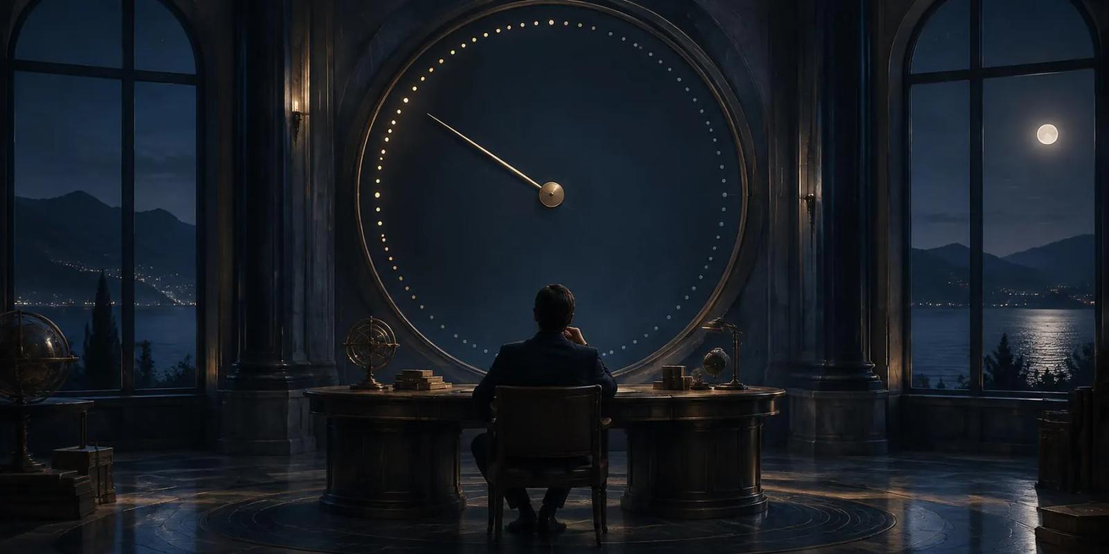 An observer seated at a desk facing a vast dark dial whose gold pointer and fading ring of marks track a long night watch