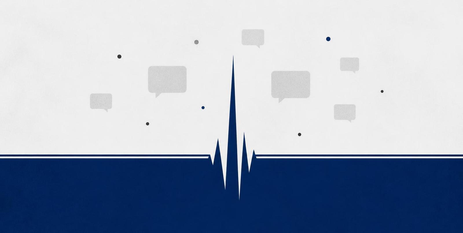 Abstract illustration of a single sharp spike cutting through a smooth horizontal line, with blank message bubbles above, in deep blue and grey.