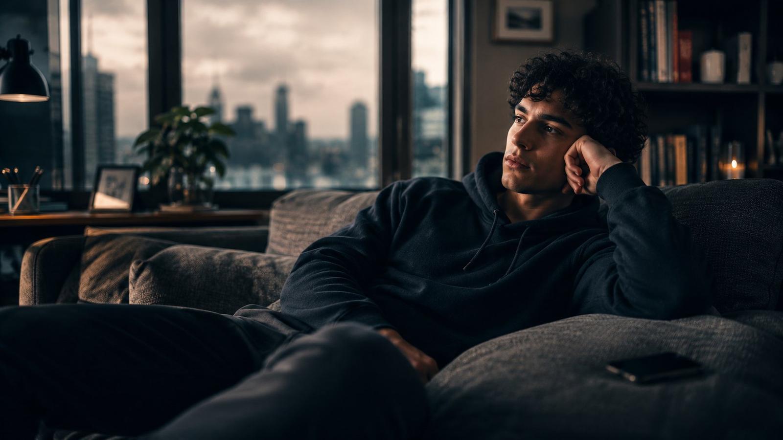 A person sitting alone in a warmly lit living room with their phone face-down beside them, looking away from it.