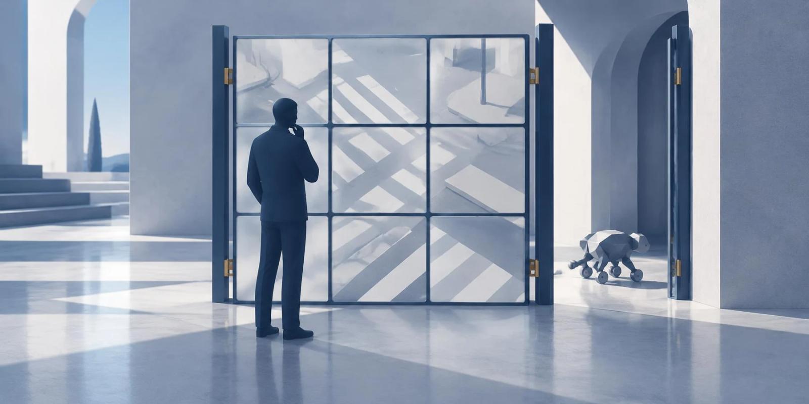 A person faces a puzzle gate while a small machine passes through an open doorway.