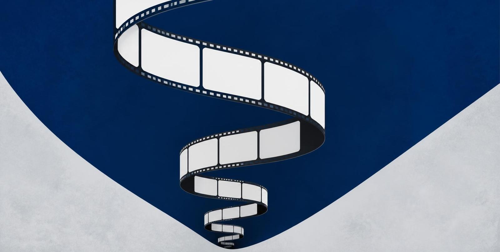 Abstract illustration of an endless ribbon of blank video frames spiralling downward, in deep blue and grey.