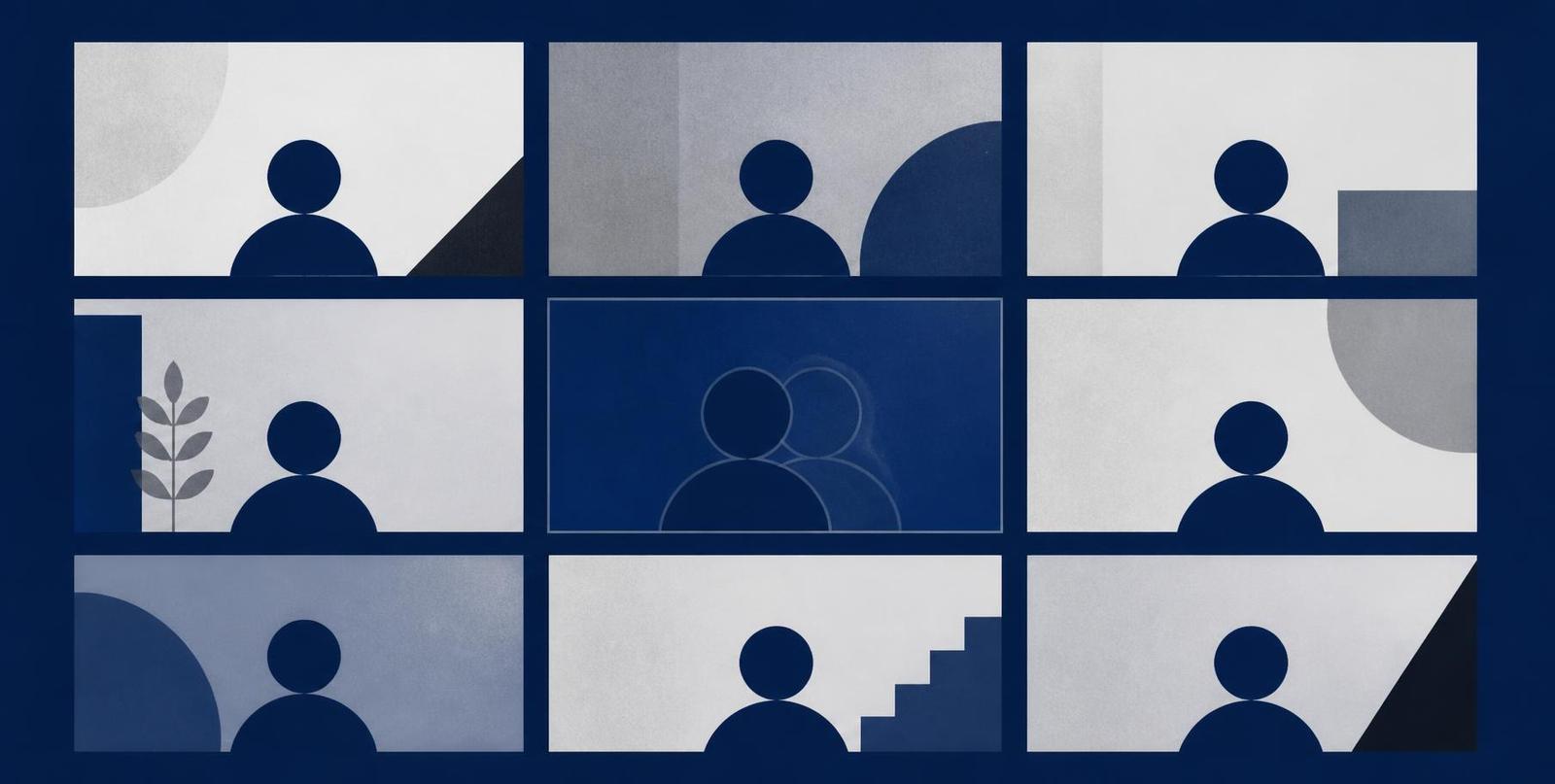 Abstract illustration of a grid of empty video-call tiles with one tile showing a faded duplicate of itself.