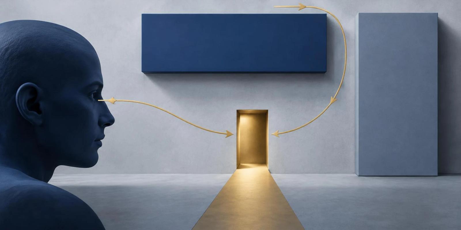 A blue human profile and gold attention path bypass blank panels toward a small doorway.