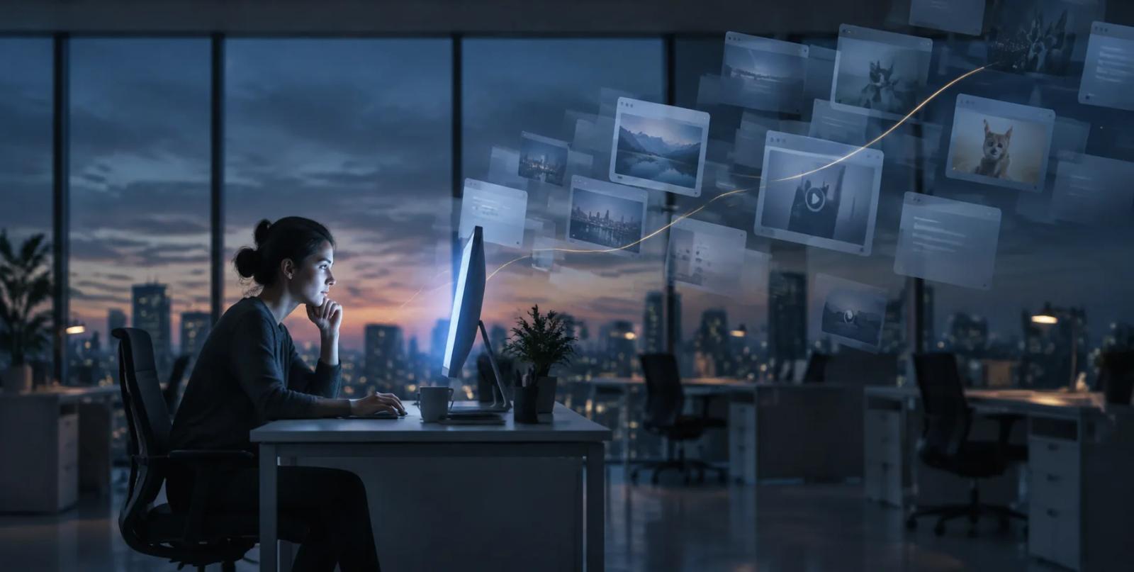 An office worker at a desk watches translucent browser windows drift away from the monitor, traced by a thin gold thread.