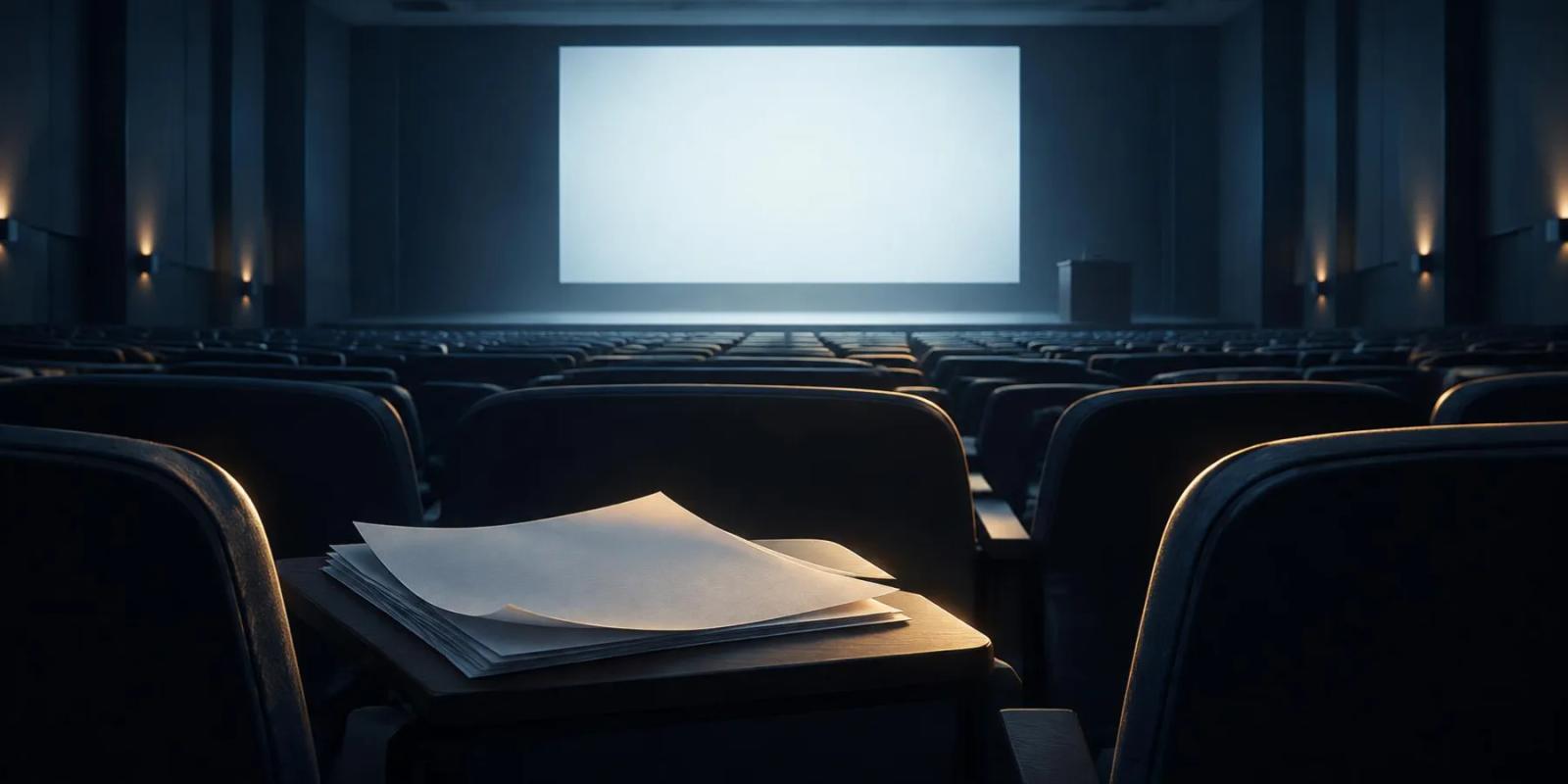 A dim, empty lecture hall faces a blank glowing projection screen, with a stack of paper lit in gold on a seat-back desk in the foreground.
