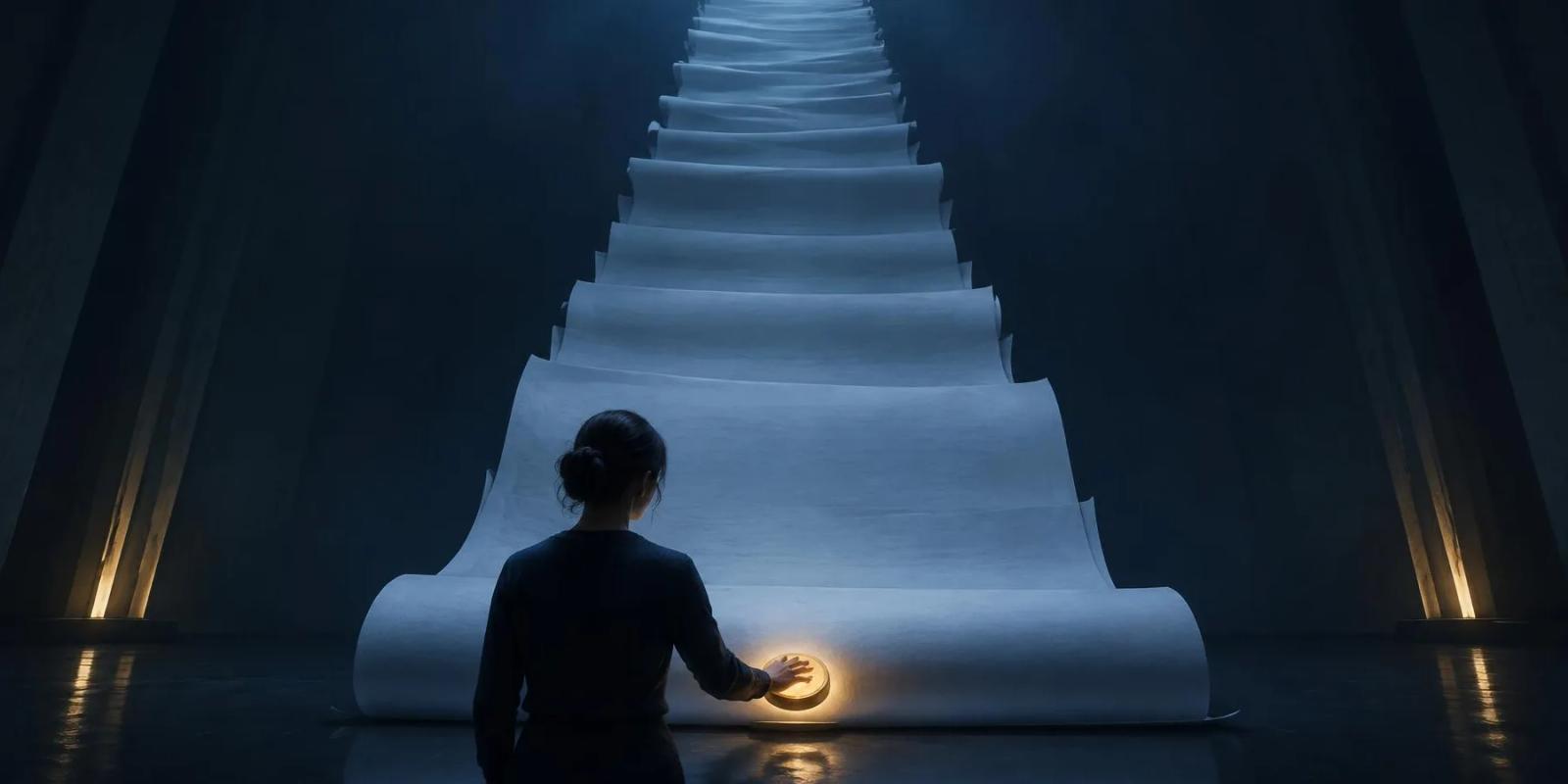A person reaches for a glowing gold button at the foot of a towering scroll of unread pages.