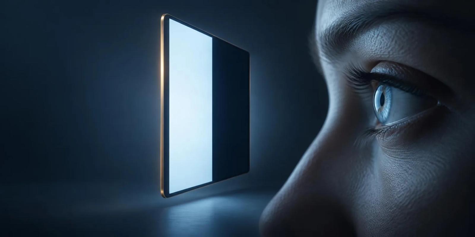 A close-up eye in a dim room facing a floating tablet whose screen is split into a bright half and a dark half.