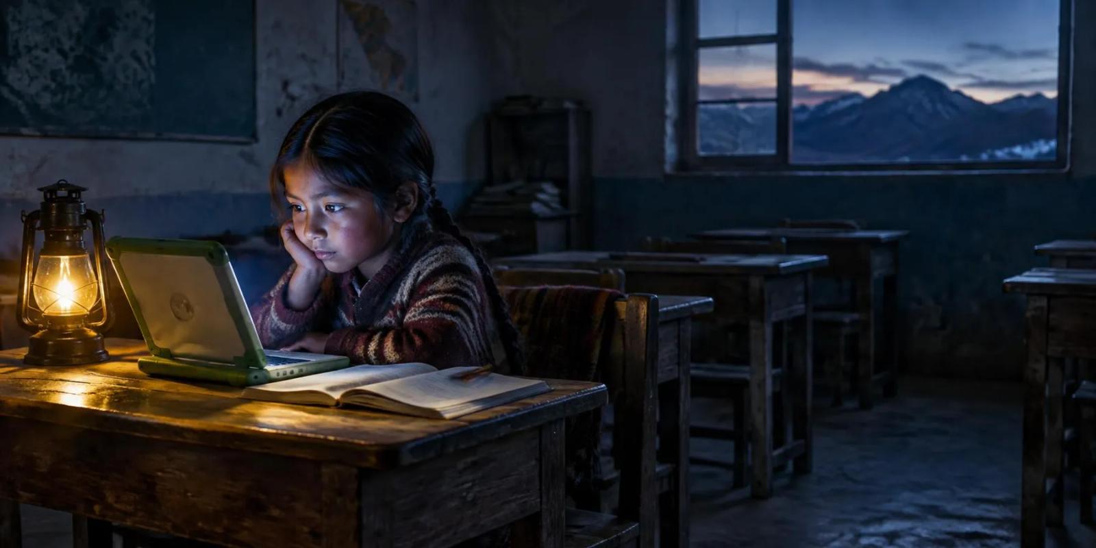 A child in a rural classroom at dusk works on a small laptop beside an open exercise book.