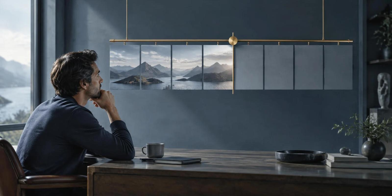 A seated person watches a landscape appear progressively across blue-grey panels on a brass rail.
