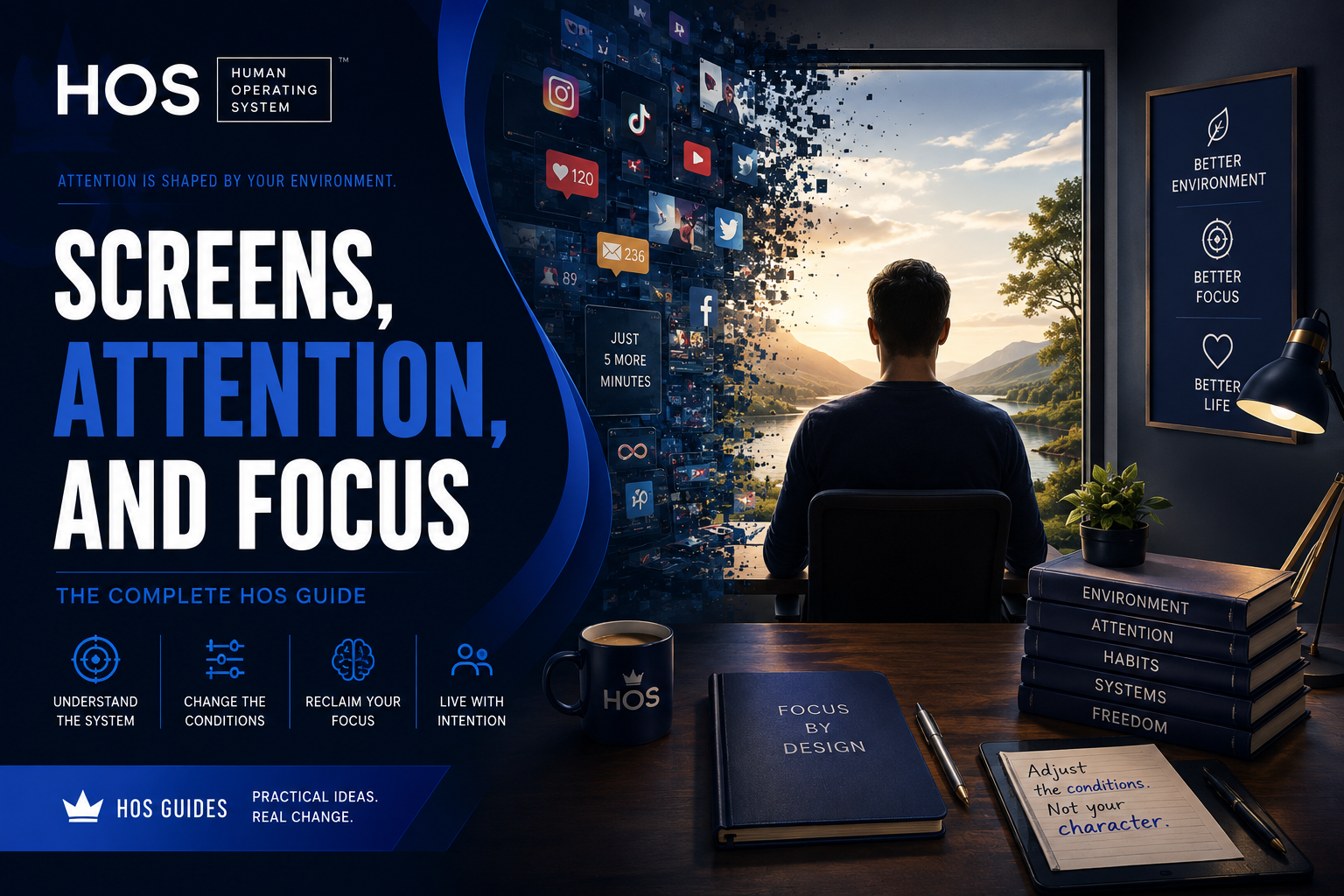 HOS guide cover: a person at a desk facing a wall of screen fragments dissolving into a calm outdoor view, illustrating screens, attention and focus.