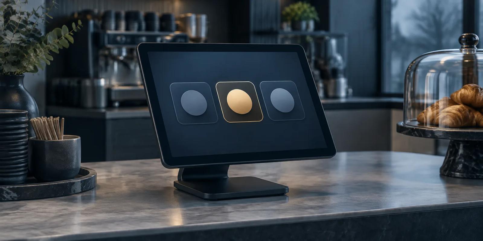 A payment tablet on a swivel stand at a cafe counter, its screen showing three plain suggestion buttons with the middle one highlighted in gold.