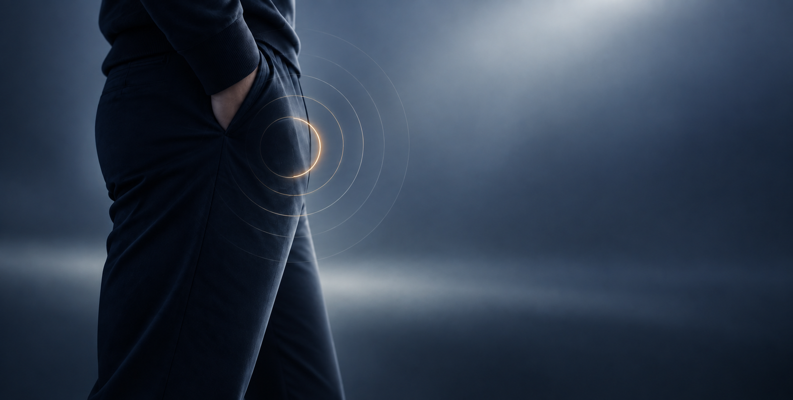 Silhouetted figure with a hand in a trouser pocket in deep blue shadow, faint concentric rings spreading outward from the pocket with a single gold ring at the centre