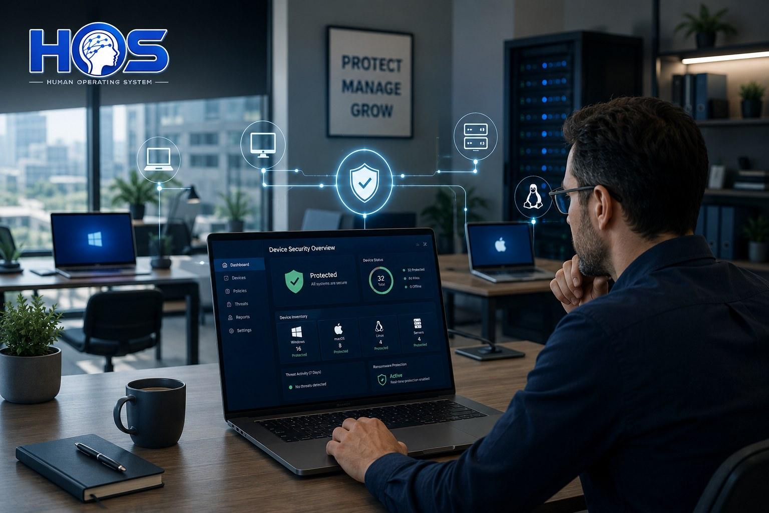 A small-business owner reviewing a device security dashboard showing protected Windows, Mac, Linux and server endpoints across an office.