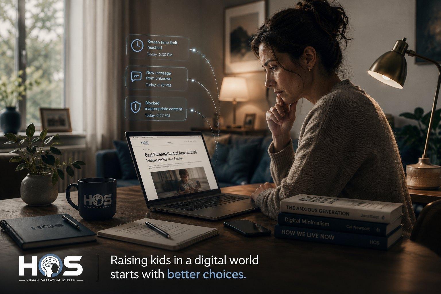 A parent reviewing parental control options on a laptop while screen-time, message, and blocked-content alerts appear nearby.